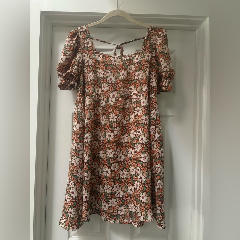 SHEIN Floral Puff Sleeve Mini Dress - Brown and Cream